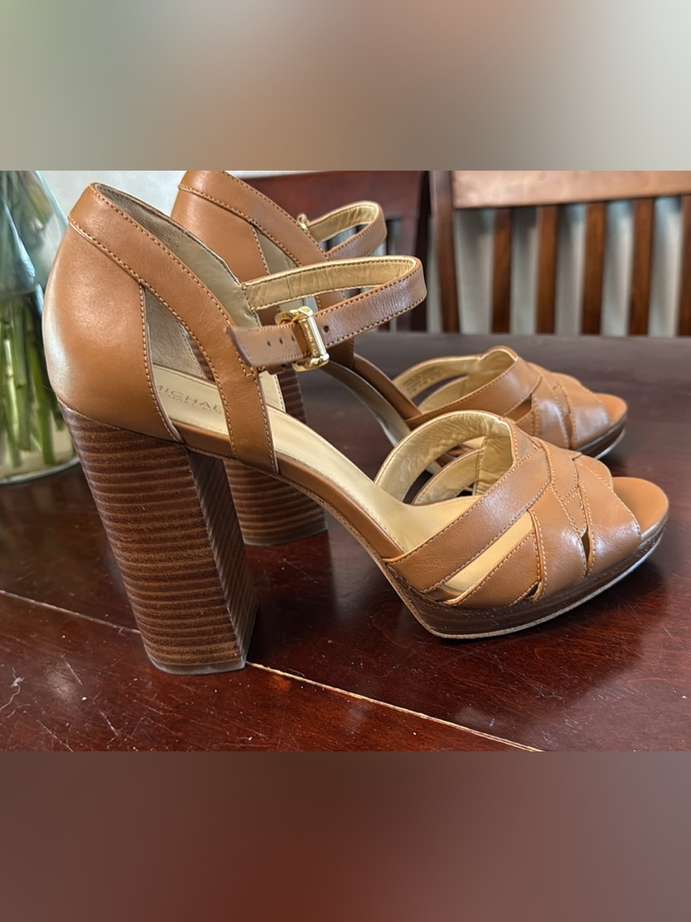 Michael Kors ANNALIESE Leather Block‑Heel Sandals – Acorn- Size 9M